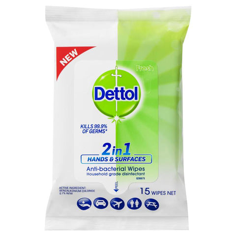 Dettol 2 in 1 Hands and Surfaces Antibacterial Wipes 15 Pack